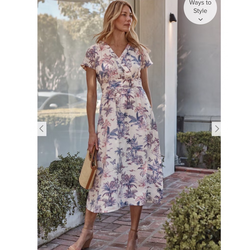 NWT J. JILL PALE ROSE VINTAGE TOILE EUROPEAN LINEN FLAX MIDI DRESS SIZE MP